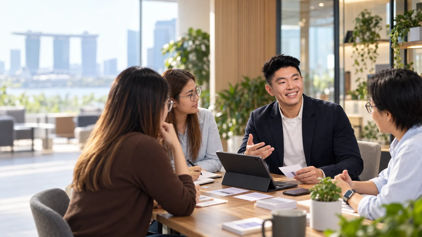 Wayne discussing a product with customers in a Singapore workspace