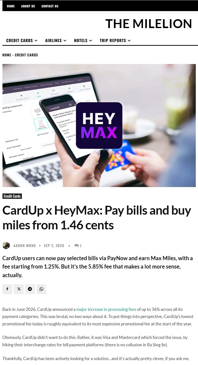 The MileLion coverage of the CardUp and HeyMax partnership